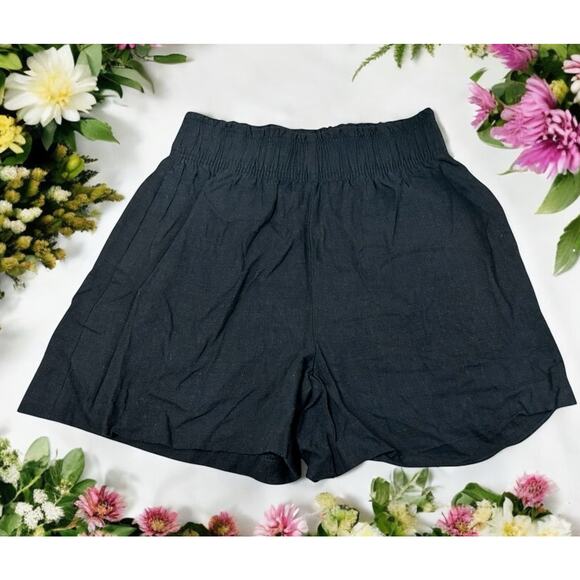 H&M Black Linen-Blend Pull-On Shorts Sz Small Relaxed Side Pockets High Waist - Picture 3 of 10